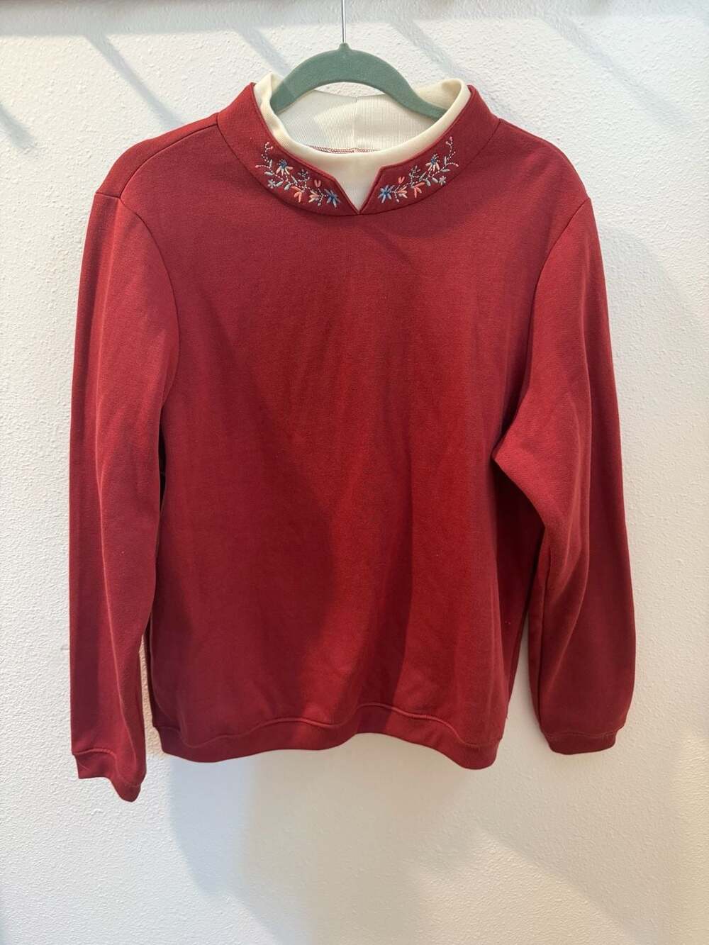 Blair Women's Red Mock Neck Sweatshirt with Floral Embroidery